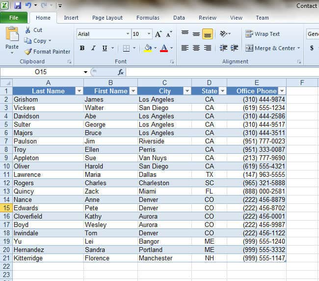 Excel table