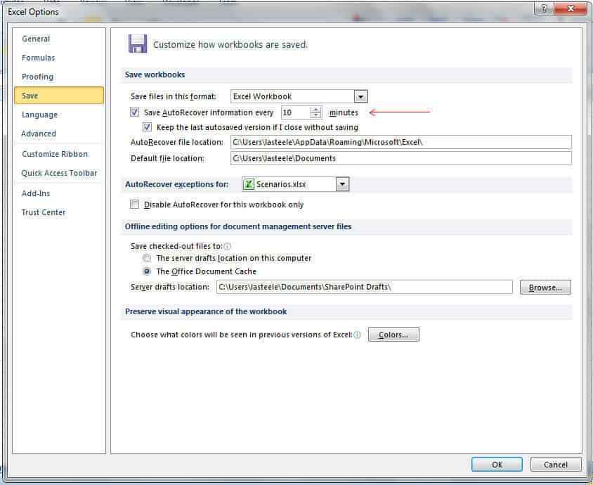 Excel Options - Save with AutoRecover