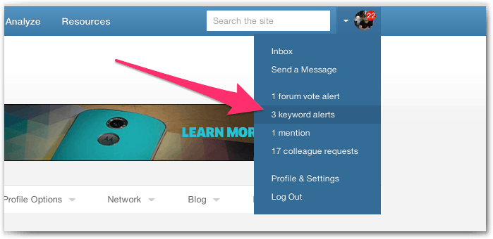 Keyword Alert Notifications Menu