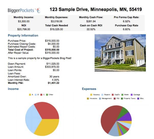 Jeremy's sample property using the BP Rental Property Calculator at BiggerPockets.com/analysis
