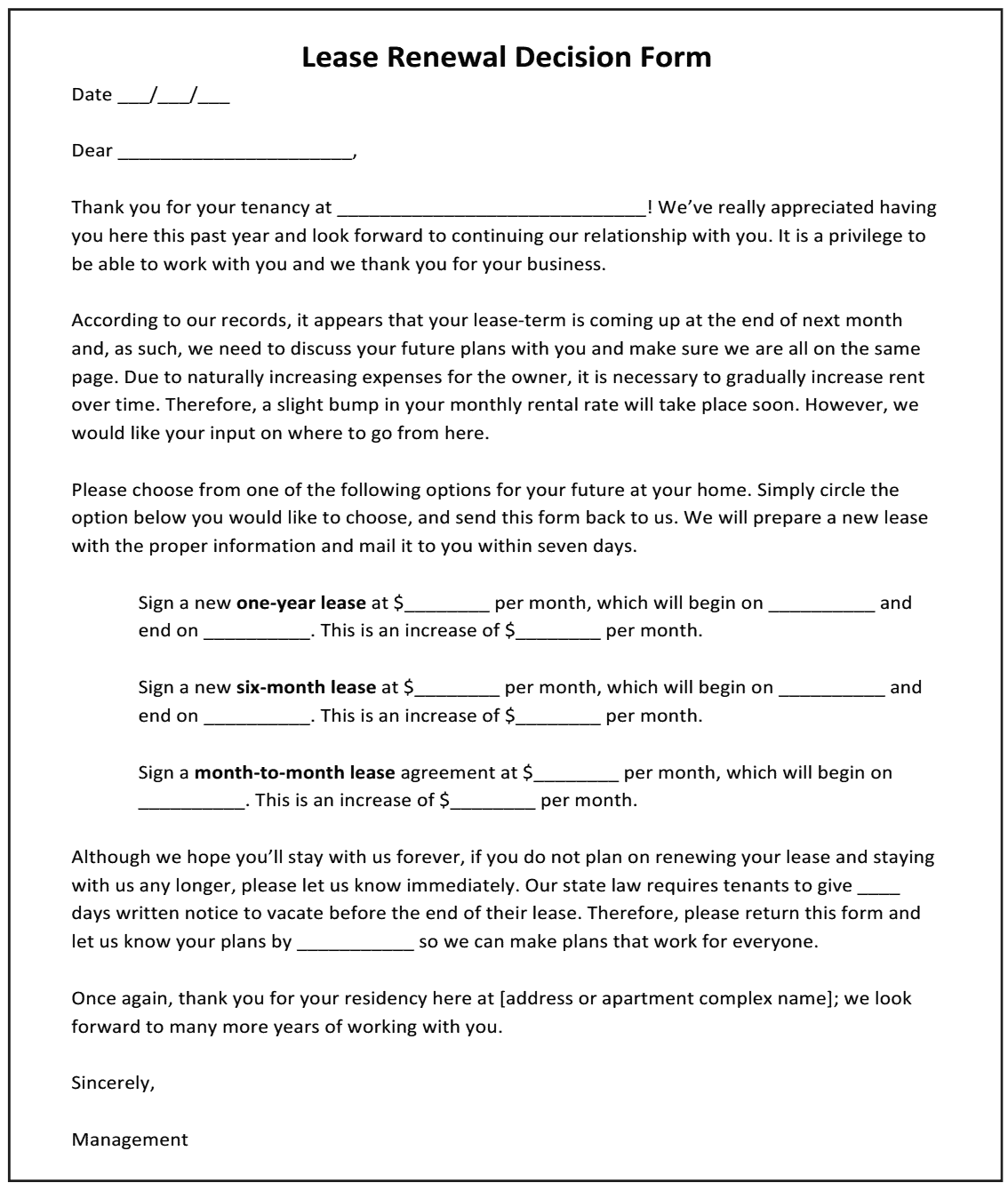 Lease Renewal Letter To Landlord Sample