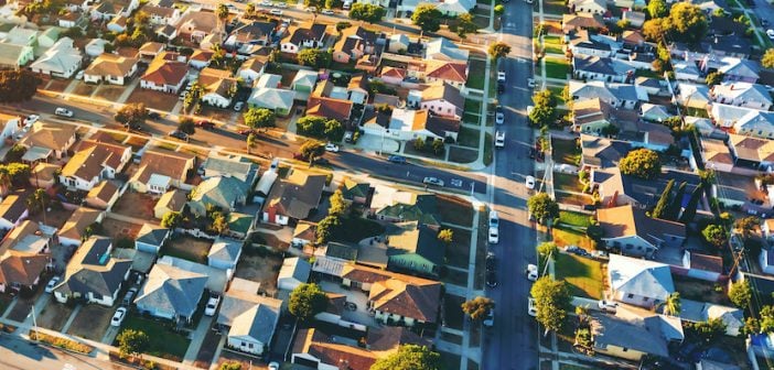 Aerial view of of a residential neighborhood in Hawthorne, in Los Angeles, CA