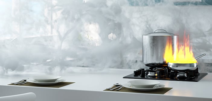 Kitchen on fire with a lot of smoke 3d rendering