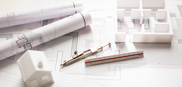 House model and blueprint plans, residential building project architectural design
