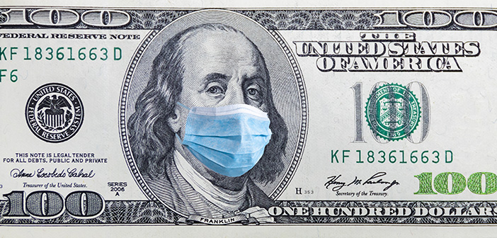 Coronavirus Wuhan. US quarantine, 100 dollar banknote with medical mask. The concept of epidemic and protection against coronavrius.