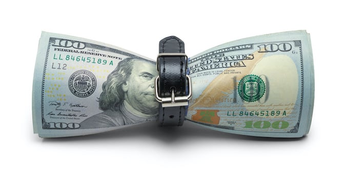 Cash Money being Tightened with Belt Isolated on White Background.