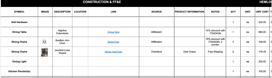 furniture spreadsheet