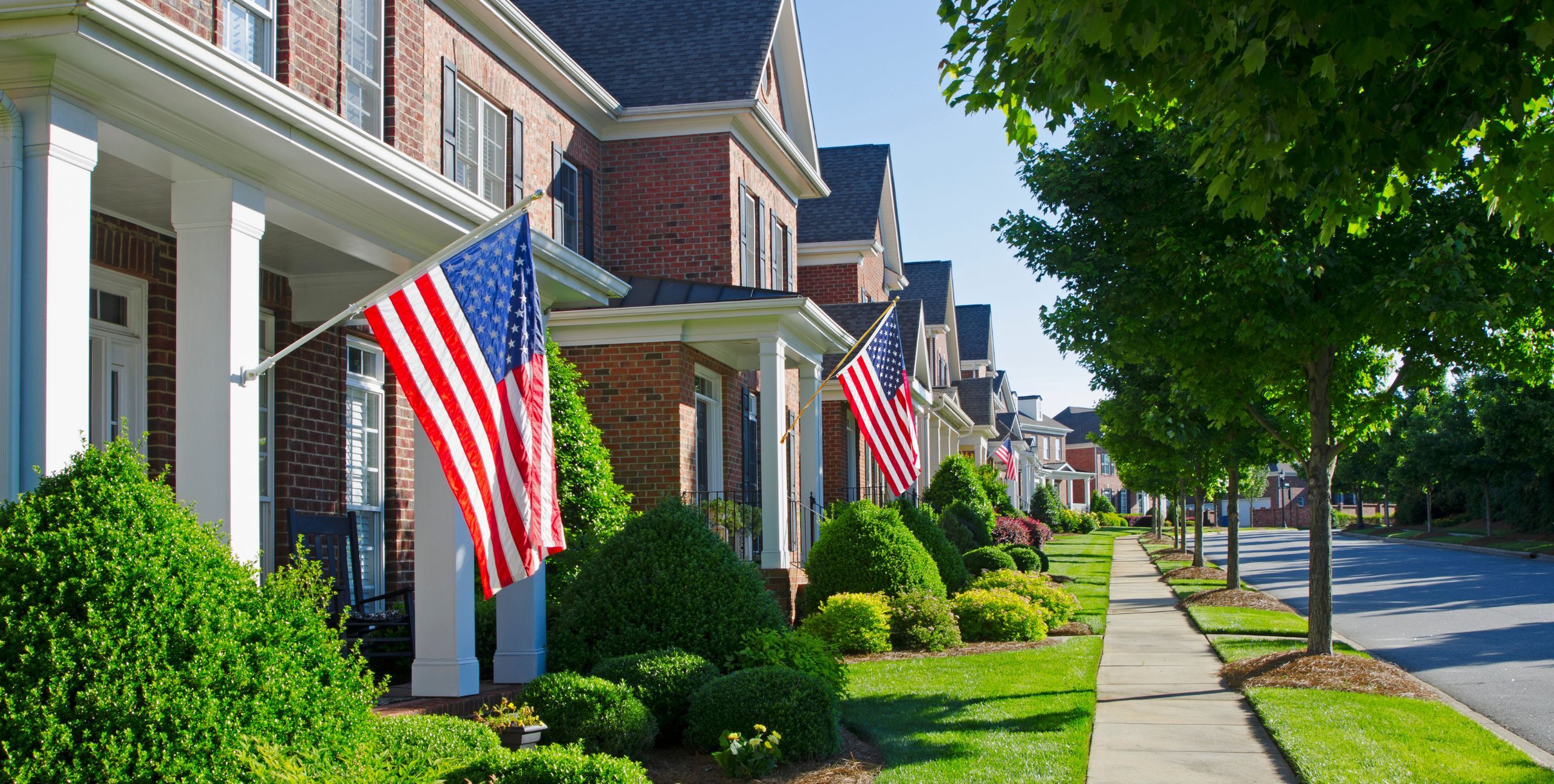 houses with flags on a street in an hoa neighborhood